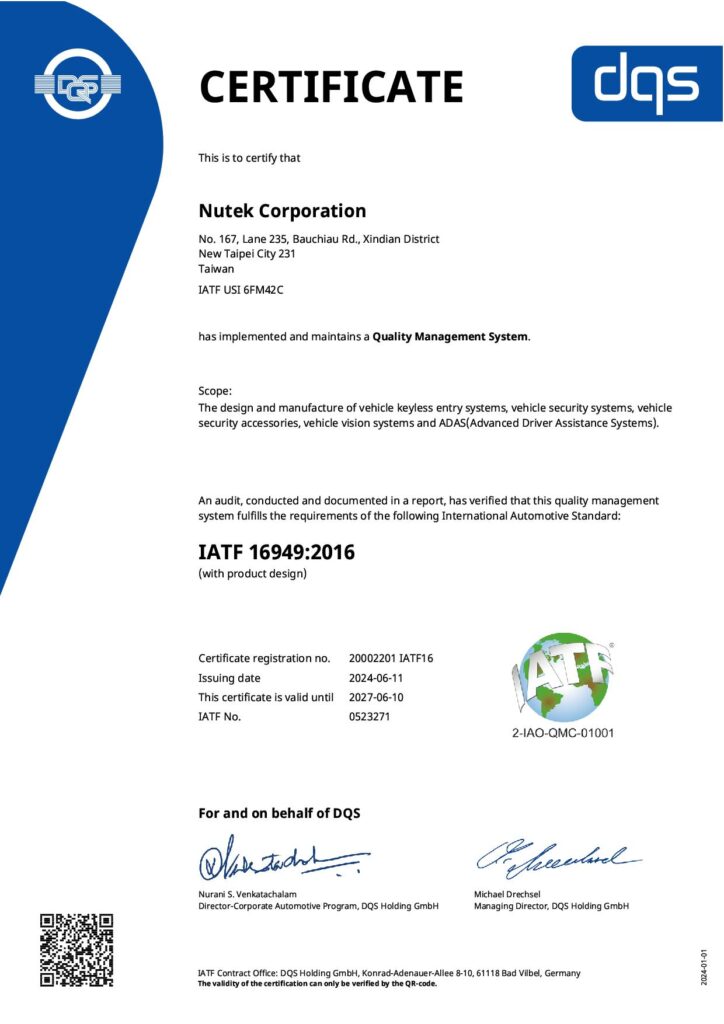 Nutek Corporation CEWRTIFICATE IATF 16949:2016 by dqs