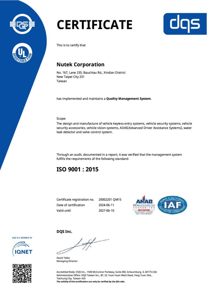 Nutek Corporation CEWRTIFICATE IATF ISO 9001:2015 by dqs